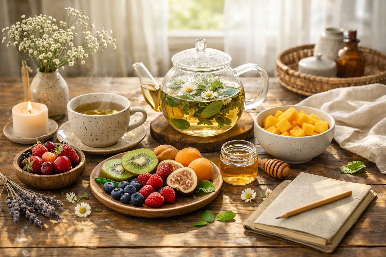 healthy food for heart health, fresh vegetables and fruits on kitchen table, balanced diet concept